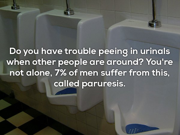 urinal - Do you have trouble peeing in urinals when other people are around? You're not alone, 7% of men suffer from this, called paruresis. Sss