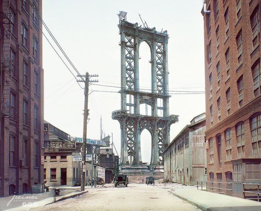 View of The Manhattan Bridge Under Construction from Washington Street Brooklin/New York,February 21, 1908.