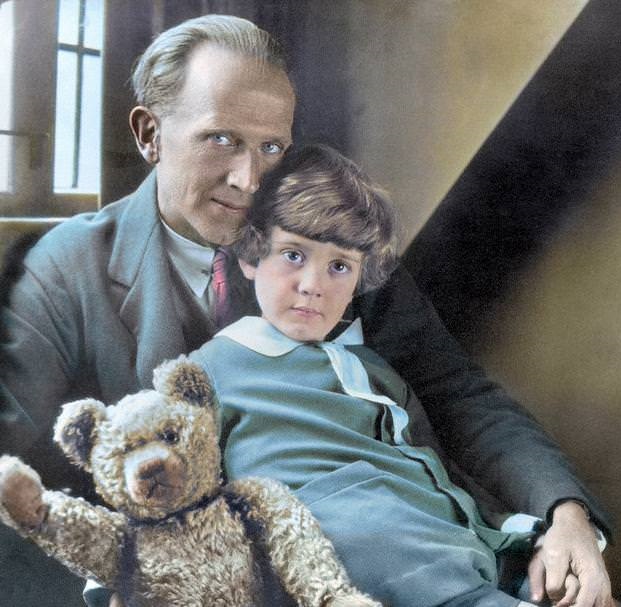A. A. Milne was born on this day in 1882. He was an English author, best known for his books about the teddy bear Winnie-the-Pooh. Photo: A.A. Milne, his son Christopher Robin, and the real Winnie The Pooh, 1926.