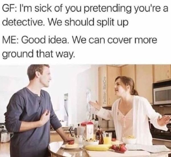 smart detective funny meme - Gf I'm sick of you pretending you're a detective. We should split up Me Good idea. We can cover more ground that way.