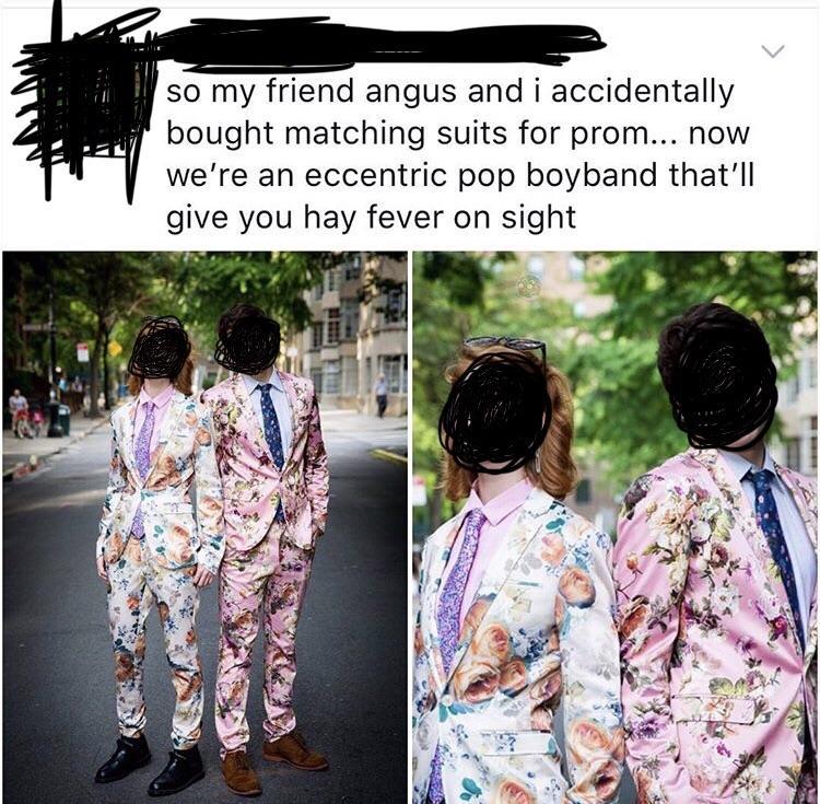 kimono - so my friend angus and i accidentally bought matching suits for prom... now we're an eccentric pop boyband that'll give you hay fever on sight