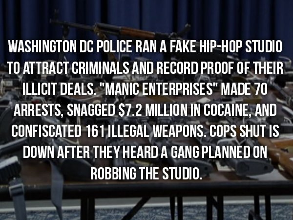 wtf facts - walker art center - Washington Dc Police Ran A Fake HipHop Studio To Attract Criminals And Record Proof Of Their Illicit Deals. "Manic Enterprises" Made 70 Arrests, Snagged $7.2 Million In Cocaine, And Confiscated 161 Illegal Weapons. Cops Shu