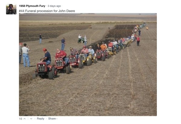 soil - 1958 Plymouth Fury 3 days ago Funeral procession for John Deere 08 Hr 16