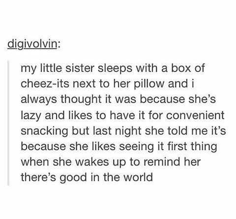 funny relationship tumblr post - digivolvin my little sister sleeps with a box of cheezits next to her pillow and i always thought it was because she's lazy and to have it for convenient snacking but last night she told me it's because she seeing it first