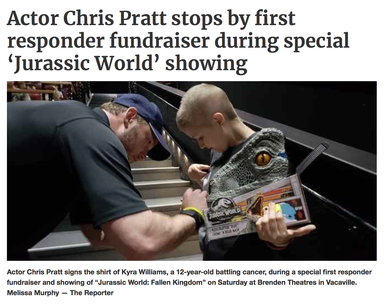 autonomous university of barcelona - Actor Chris Pratt stops by first responder fundraiser during special 'Jurassic World' showing Actor Chris Pratt signs the shirt of Kyra Williams, a 12yearold battling cancer, during a special first responder fundraiser