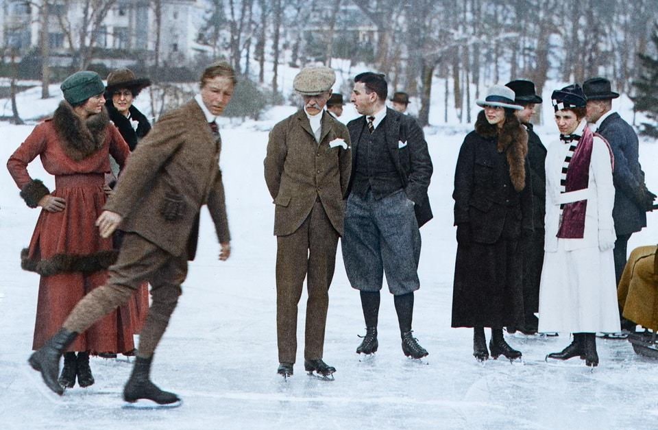 Ice-skaters on ice in Tuxedo Park, New York, circa 1904.