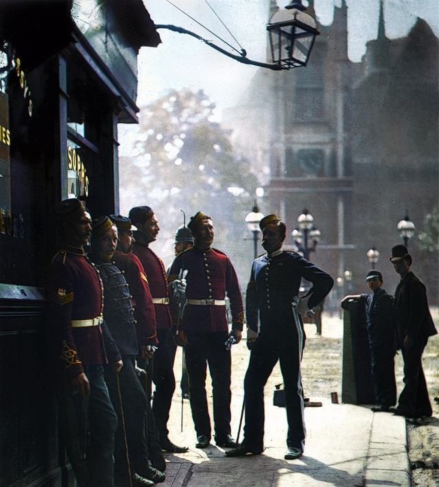 Recruiting sergeants at Westminster, London, Mitre and Dove pub, 1877.