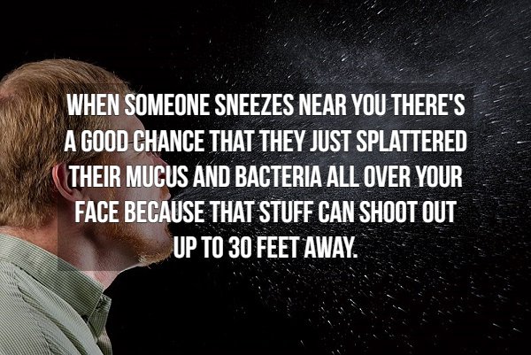 photo caption - When Someone Sneezes Near You There'S A Good Chance That They Just Splattered Their Mucus And Bacteria All Over Your Face Because That Stuff Can Shoot Out Up To 30 Feet Away.
