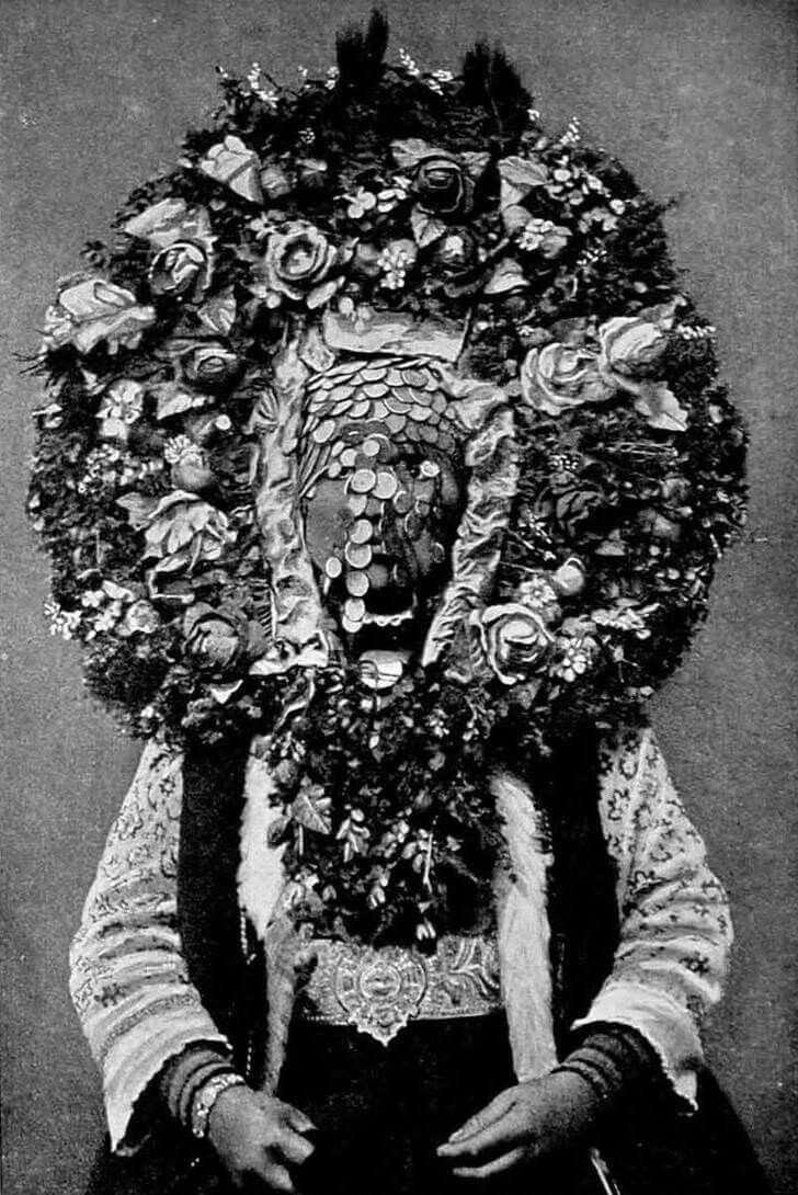A special wedding headdress worn by a bride in Bulgaria in 1911.