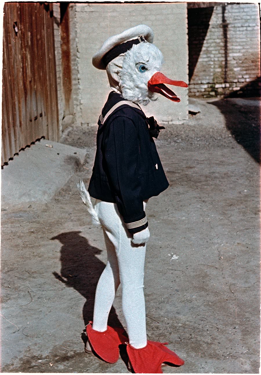 A man in a Donald Duck costume in Russia in 1957.