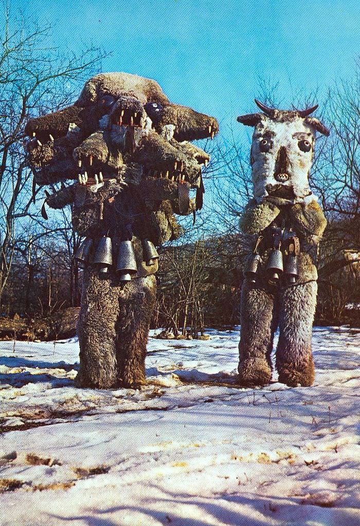 Men wearing special outfits for the Kukeri celebration in Bulgaria in 1992.