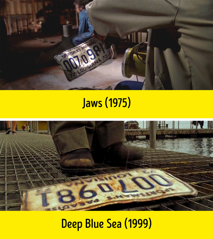 Jaws (1975) and Deep Blue Sea (1999) At the beginning of the film, Deep Blue Sea, one of the characters throws a license plate on the pier with the same symbols on it as the license plate from Jaws.