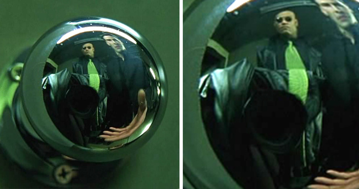 The Matrix (1999) In the scene where Neo comes up to the door, you can see the camera in the polished doorknob that appeared next to the coat and tie. The tie was positioned so that the viewers had the impression it was part of Morpheus’ tie.