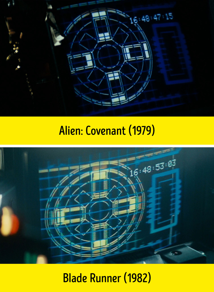 Alien: Covenant (2017) True fans know that the shots of the computer interface from Alien: Covenant (1975) were used in Blade Runner (1981). As a result, some fans think that the 2 movies take place in the same Universe. In Alien: Covenant, the director Riddley Scott continued the tradition.