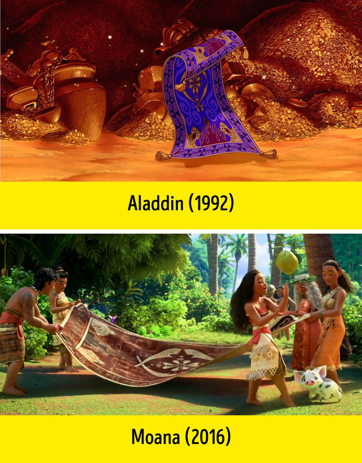 Moana (2016) In one of the scenes in Moana, the inhabitants put down a carpet with the same pattern on it as the magic carpet from Aladdin.