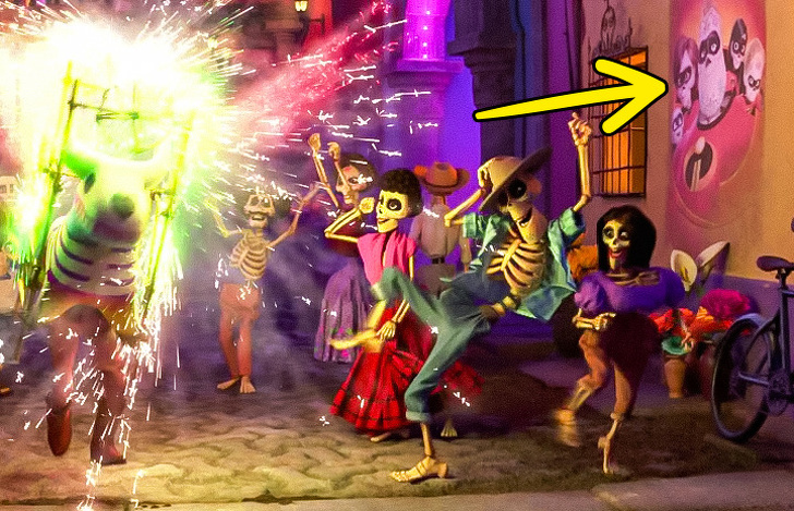 Coco (2017) In one of the scenes where Miguel is already in the world of the dead, you can see a poster on the wall for The Incredibles. And the members of the family are also skeletons there.