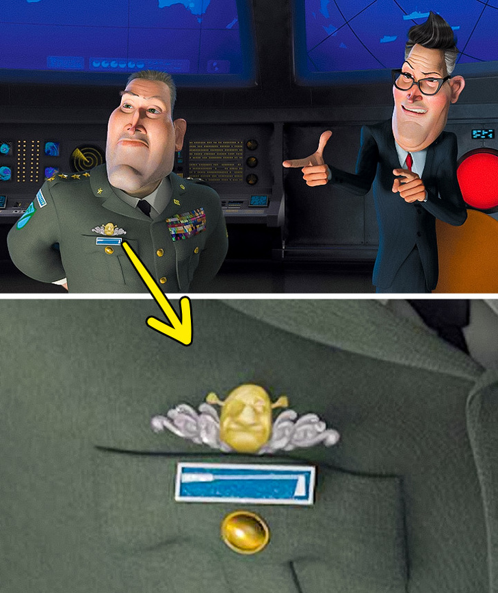 Monsters vs. Aliens (2009) The general has a Shrek-shaped badge on his chest.