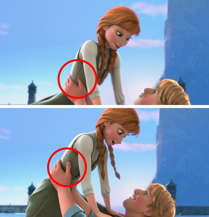 Frozen (2013) In Frozen, the editors made a mistake that you can clearly see if you pause the video at the right moment. Kristoff’s finger disappears inside Anna’s side as if it were a computer game.