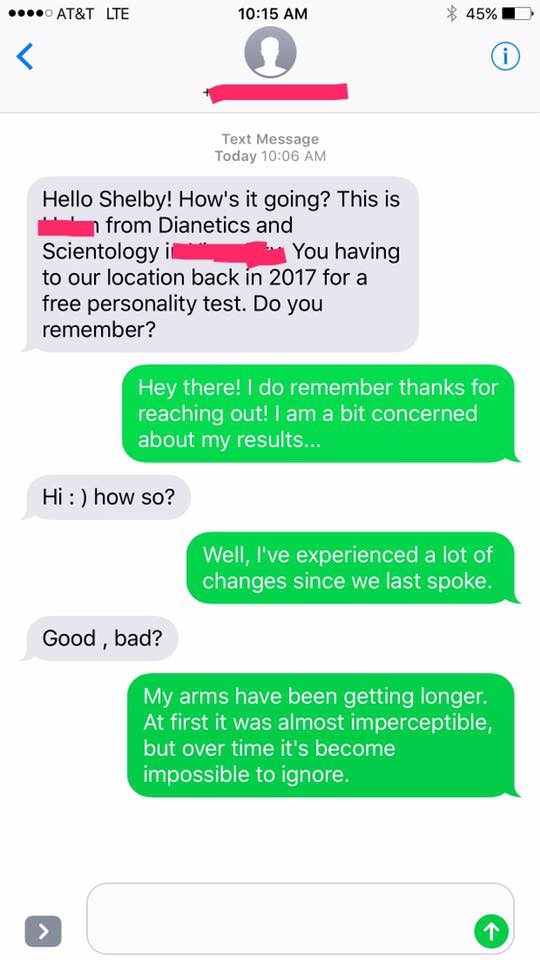 Woman Trolls Wrong Number Text From a Scientologist