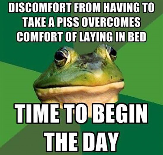 photo caption - Discomfort From Having To Take A Piss Overcomes Comfort Of Laying In Bed Time To Begin The Day