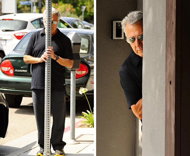 Dustin Hoffman gets really creative while avoiding being photographed.