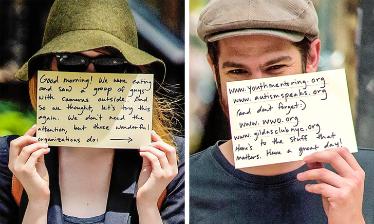 Emma Stone and Andrew Garfield decided to use the attention of photographers for a good cause.