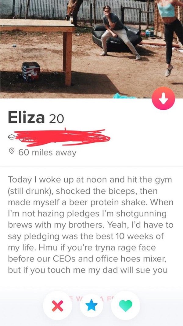 play - Eliza 20 Eliza 20 60 miles away Today I woke up at noon and hit the gym still drunk, shocked the biceps, then made myself a beer protein shake. When I'm not hazing pledges I'm shotgunning brews with my brothers. Yeah, I'd have to say pledging was t