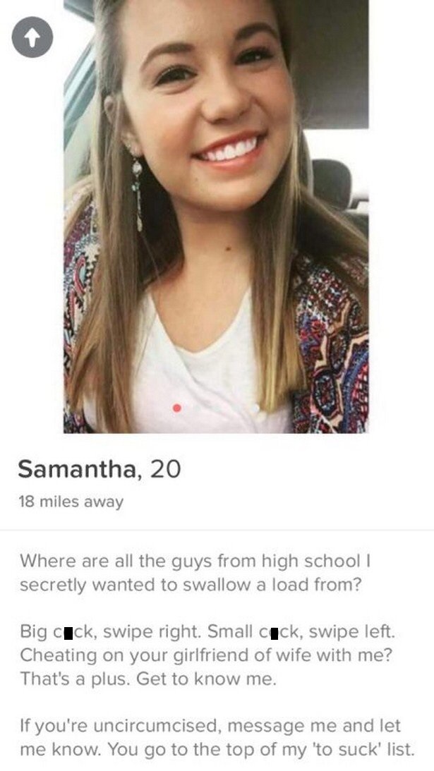 tinder wife cheating - Samantha, 20 18 miles away Where are all the guys from high school I secretly wanted to swallow a load from? Big cock, swipe right. Small cock, swipe left. Cheating on your girlfriend of wife with me? That's a plus. Get to know me. 