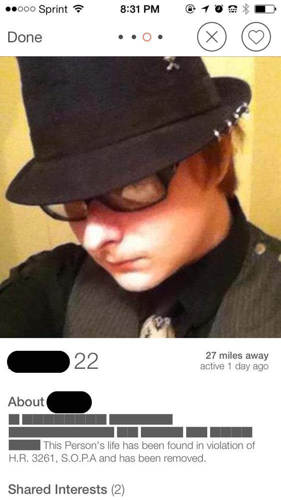 feminist tinder cringe - .000 Sprint @ 1 0 0 Done Done .. 22 27 miles away active 1 day ago About This Person's life has been found in violation of H.R. 3261, S.O.P.A and has been removed. d Interests 2