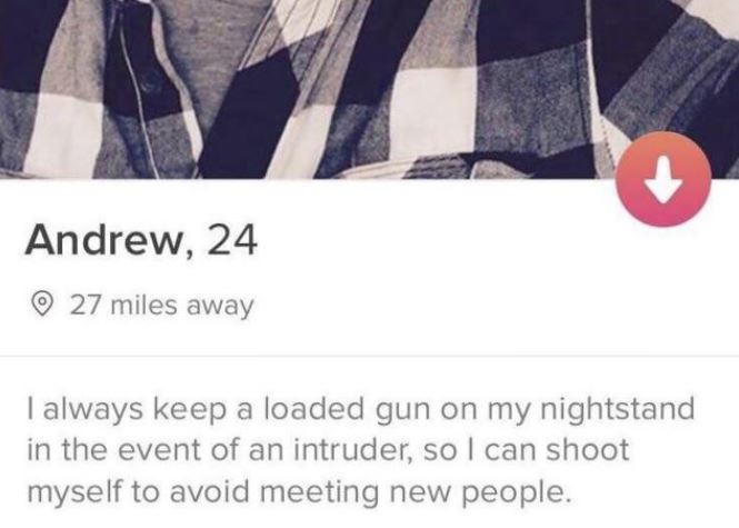 always keep a loaded gun on my nightstand - Andrew, 24 27 miles away I always keep a loaded gun on my nightstand in the event of an intruder, so I can shoot myself to avoid meeting new people.