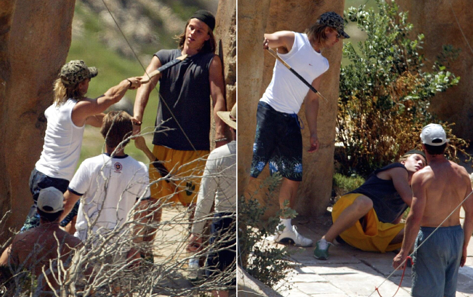 Brad Pitt and Garrett Hedlund practicing for a scene in Troy (2004).