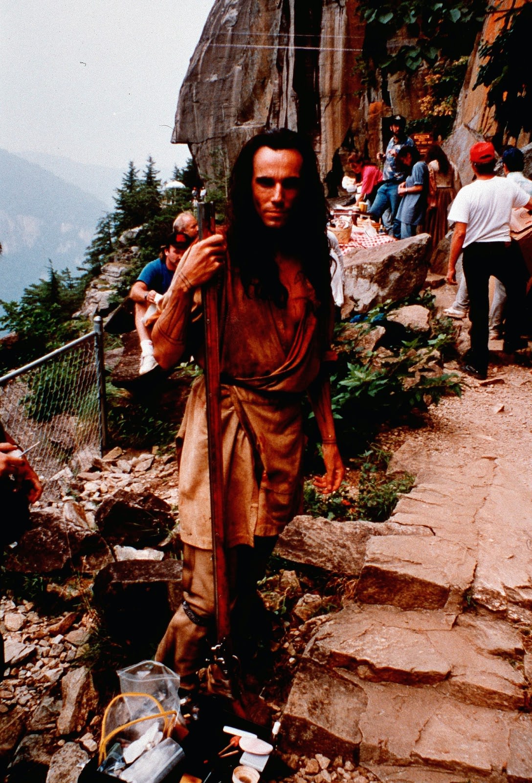 Daniel Day-Lewis takes a moment prior to filming a scene in The Last of the Mohicans (1992).
