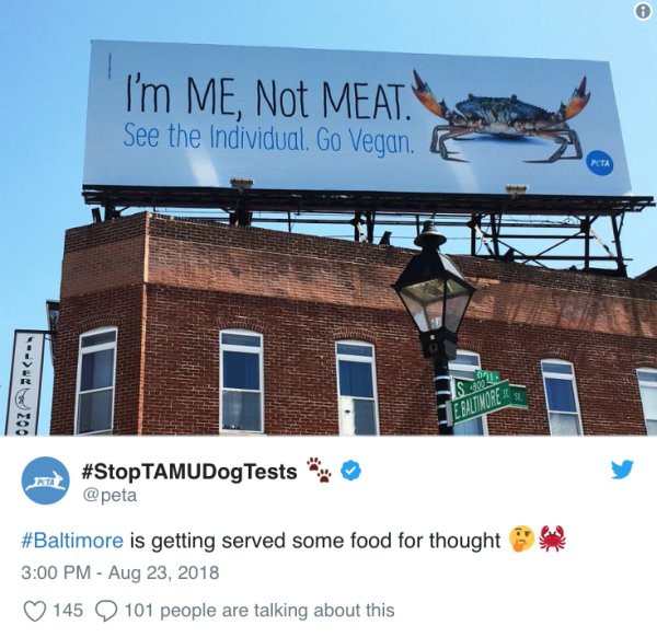 tweet - peta crabs baltimore - I'm Me, Not Meat. See the Individual. Go Vegan. on4 Nome 003 E TAMUDog Tests is getting served some food for thoughts 145