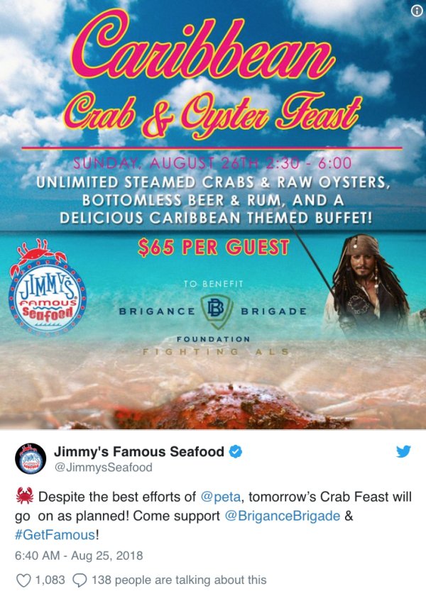 tweet - pirates of the caribbean 4 - Caribbean Czab & Opler Feast Sunda Unlimited Steamed Crabs & Raw Oysters, Bottomless Beer & Rum, And A Delicious Caribbean Themed Buffet! $65 Per Guest Oro Immy To Benefit Pamous Seafood Brigance Brigade Foundation Fig