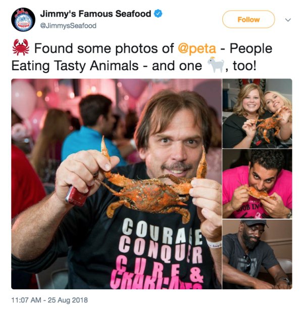 tweet - jimmys famous seafood peta - Jimmy's Famous Seafood v Found some photos of People Eating Tasty Animals and one , too! Con Co Spo