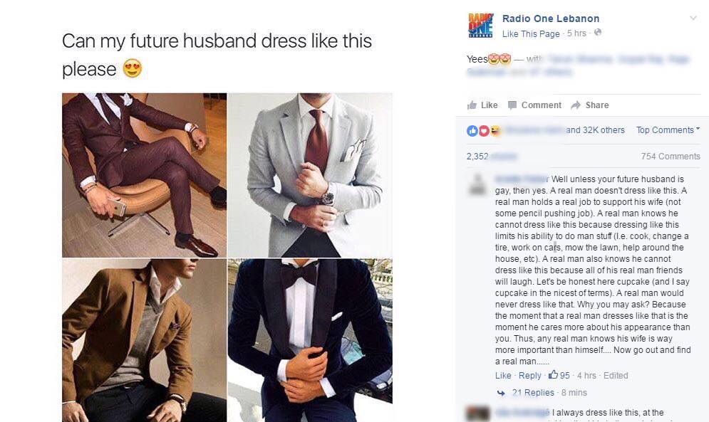 radio one lebanon facebook - Radio Radio One Lebanon M. This Page 5 hrs @ Can my future husband dress this please Yees with Comment and 32K others Top 2,352 754 Well unless your future husband is gay, then yes. A real man doesn't dress this. A real man ho