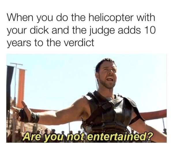 you not entertained meme - When you do the helicopter with your dick and the judge adds 10 years to the verdict Are you not entertained?