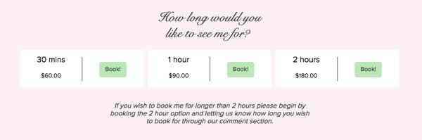 Prices range from $60 for 30 minutes to $180 for two hours.