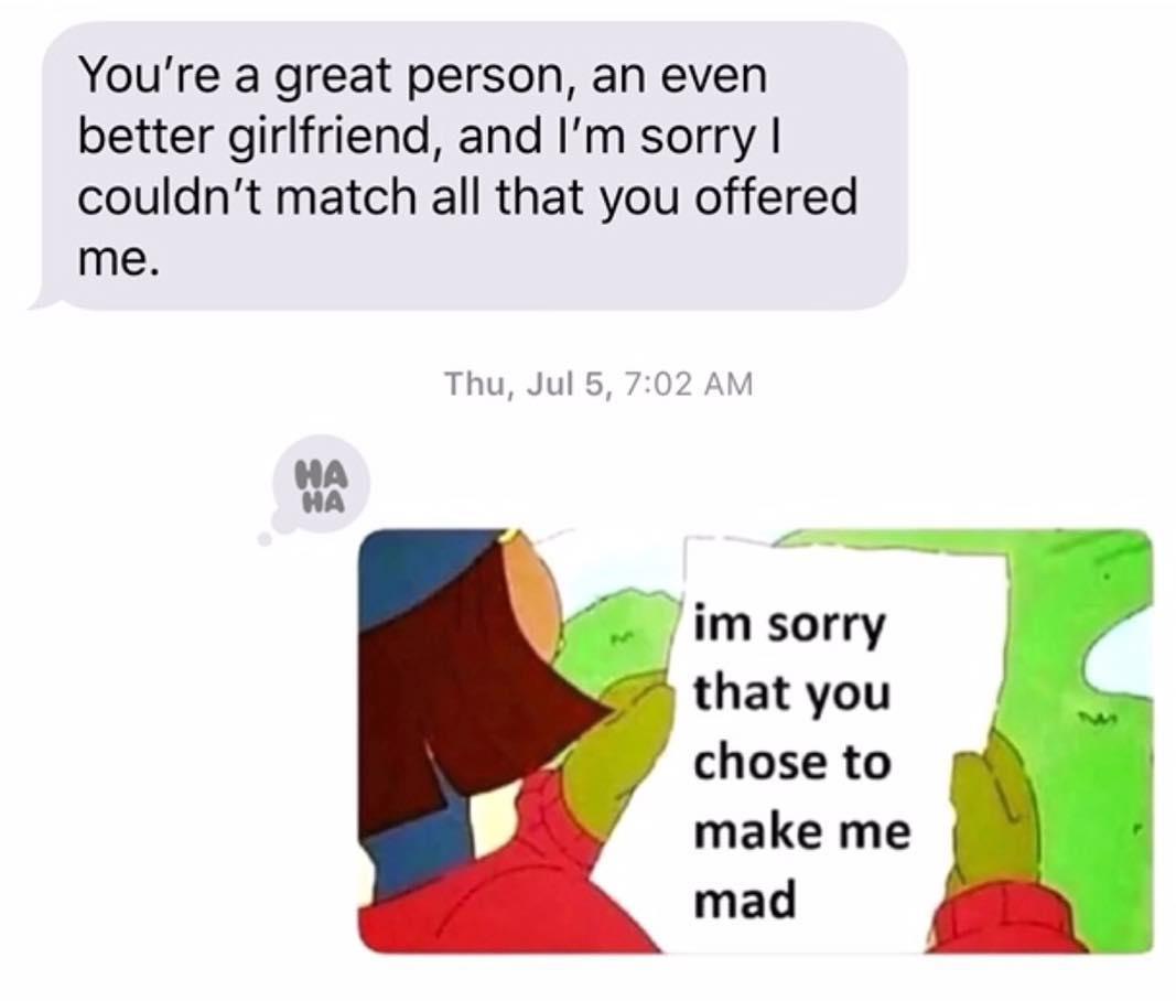 apologize meme - You're a great person, an even better girlfriend, and I'm sorry | couldn't match all that you offered me. Thu, Jul 5, im sorry that you chose to make me mad