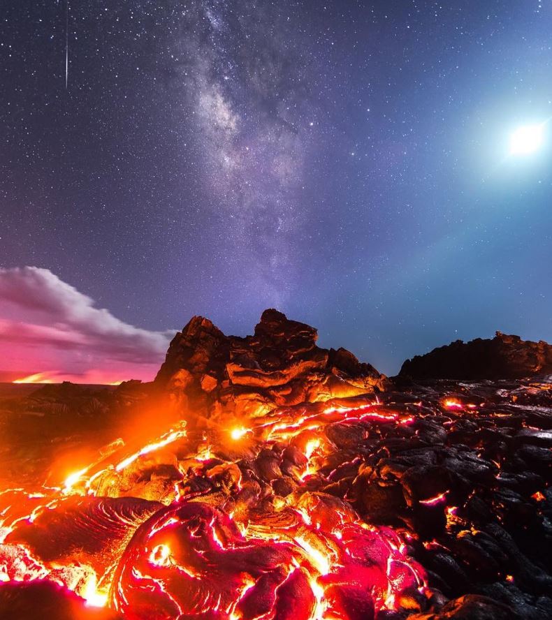 The moon, the Milky Way, lava, and a meteor...