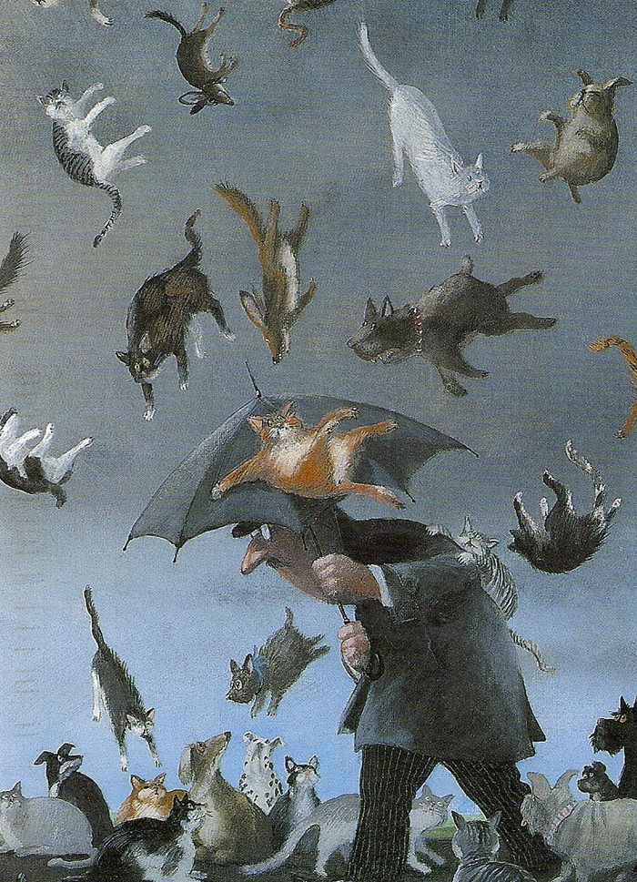 Raining Cats And Dogs
Meaning: Rain very hard.

Origin: This idiom has two stories that try to explain its origin. The first explanation says that the origin of this phrase comes from Norse mythology, where cats would symbolize heavy rains and dogs were associated with the God of storms, Odin. The second version says that in 16th century England, houses had thatched roofs which were one of the few places where animals were able to get warm. Sometimes, when it would start to rain heavily, roofs would get slippery and cats and dogs would fall off, making it look like it’s raining cats and dogs!