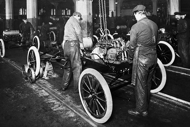 Ford’s first moving assembly line at its Model T plant in Highland Park, Mich., in 1913.