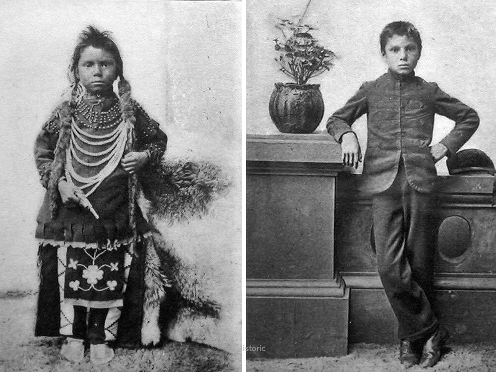 Young Thomas Moore before and after his enrollment at the Regina Indian Industrial School in Saskatchewan. 1890s.