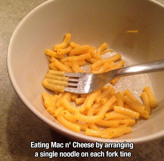 french fries - Eating Mac n' Cheese by arranging a single noodle on each fork tine