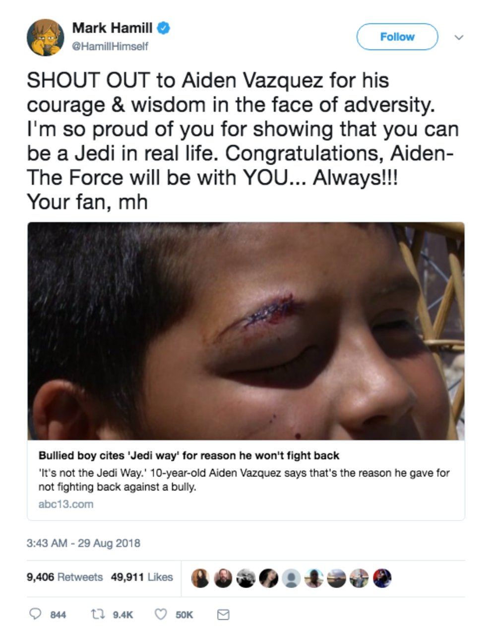 Mark Hamill praises bullied kid for following 'the Jedi way