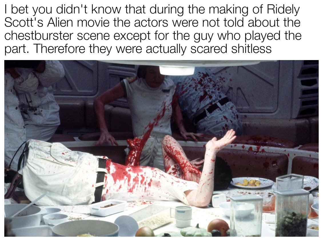 chestburster scene alien - Tbet you didn't know that during the making of Ridely Scott's Alien movie the actors were not told about the chestburster scene except for the guy who played the part. Therefore they were actually scared shitless