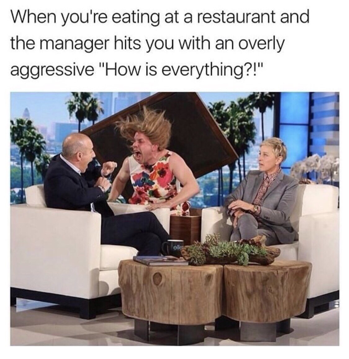 matt lauer ellen scare - When you're eating at a restaurant and the manager hits you with an overly aggressive "How is everything?!" elle