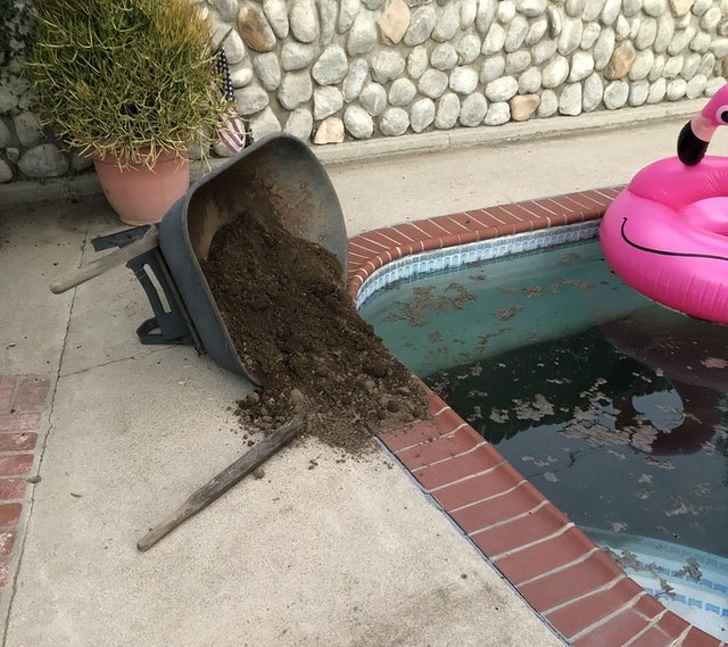 “Moving dirt around my pool today and the wheelbarrow handle decides to snap...”