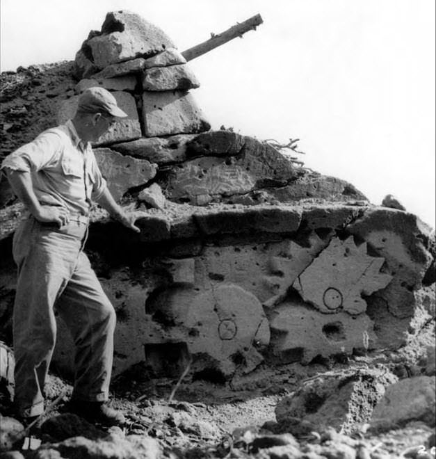 A fake tank carved out of rock to deceive the American invasion on Iwo Jima in 1945.