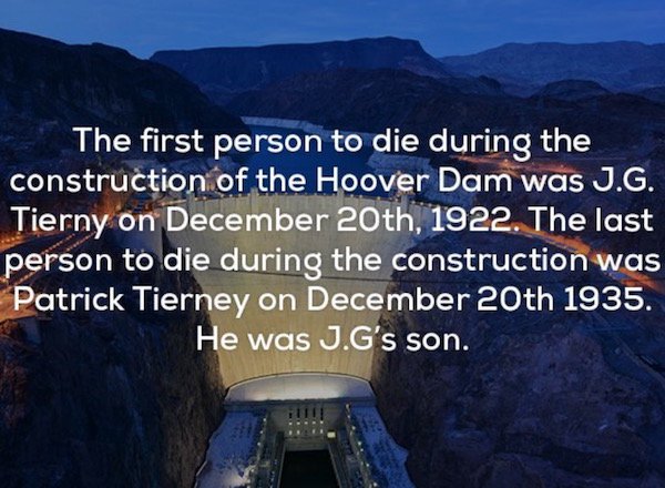 water resources - The first person to die during the construction of the Hoover Dam was J.G. Tierny on December 20th, 1922. The last person to die during the construction was Patrick Tierney on December 20th 1935. He was J.G's son.